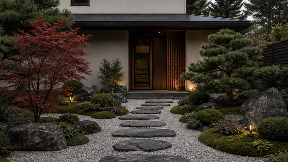 Адаптированный японский сад с камнем, гравием и хвойными у частного дома